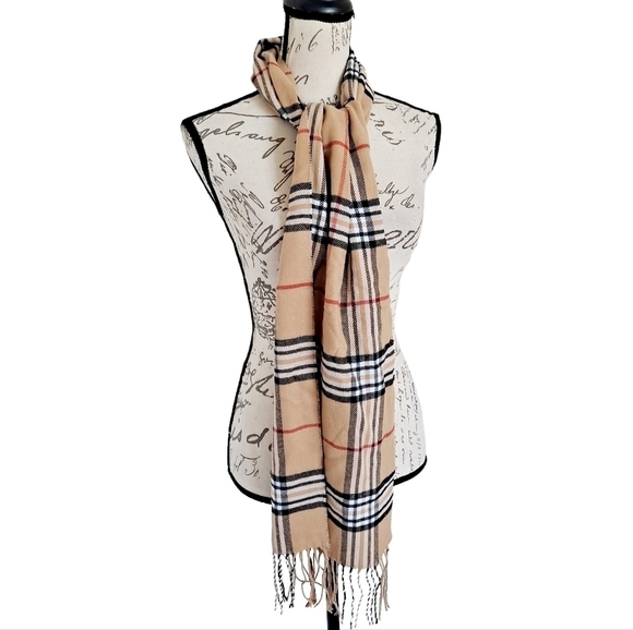 💖 2/$30 Unisex soft plaid tan tartan nova check classic fringe winter scarf - Picture 1 of 14